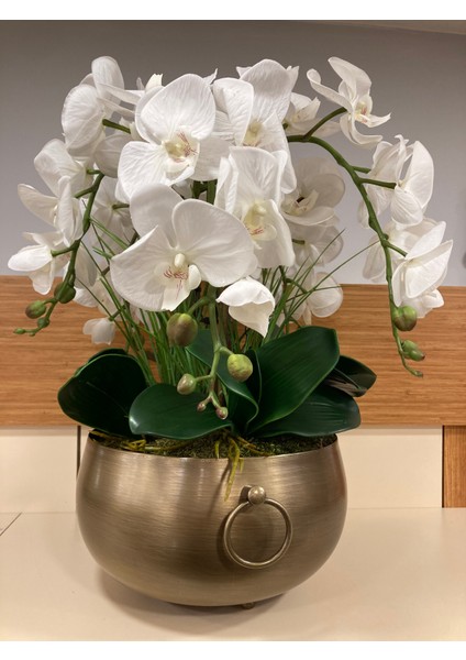 Yapay Islak Beyaz Orkide Döküm Pirinç Kulplu Model Saksı Içi Arajman Yükseklik 55 cm Çap 28 cm indirimleri