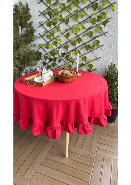 Kadife Dokulu Vintage Kırmızı Fırfırlı Yuvarlak Masa Örtüsü Dertsiz