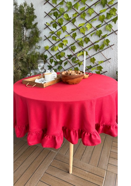 Kadife Dokulu Vintage Kırmızı Fırfırlı Yuvarlak Masa Örtüsü Dertsiz fiyatları
