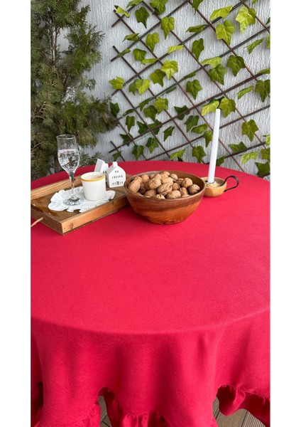 Kadife Dokulu Vintage Kırmızı Fırfırlı Yuvarlak Masa Örtüsü Dertsiz modelleri