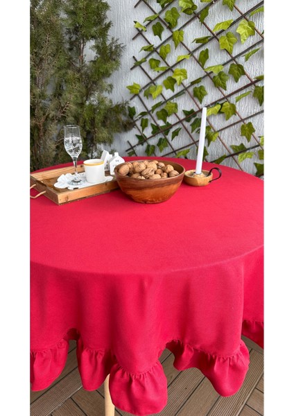 Kadife Dokulu Vintage Kırmızı Fırfırlı Yuvarlak Masa Örtüsü Dertsiz fırsatları