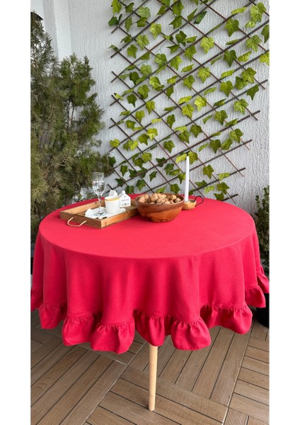 Kadife Dokulu Vintage Kırmızı Fırfırlı Yuvarlak Masa Örtüsü Dertsiz indirimleri