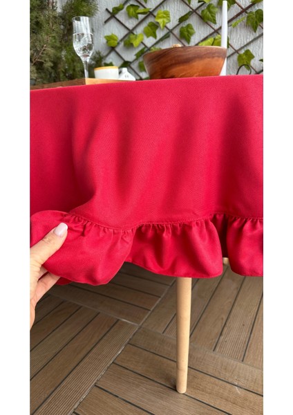 Kadife Dokulu Vintage Kırmızı Fırfırlı Yuvarlak Masa Örtüsü Dertsiz
