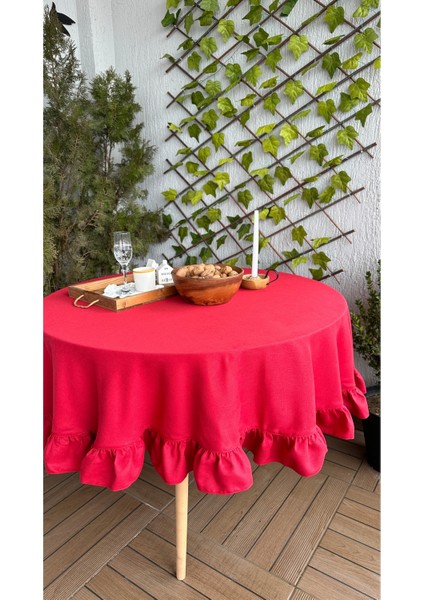 Kadife Dokulu Vintage Kırmızı Fırfırlı Yuvarlak Masa Örtüsü Dertsiz
