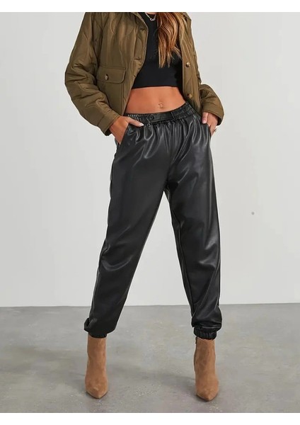 Kadın Yüksek Bel Lastikli Önü Düğmeli Deri Pantolon modelleri