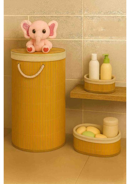 Orjinal Bambu Oval Kirli Sepeti ve Bambu 3 Lü Organizer (Sabunluk Havlu Kozmetik Saklama )