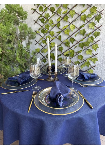Keten Dokulu Simli Lacivert Yuvarlak Masa Örtüsü (Peçete Dahil Değil )