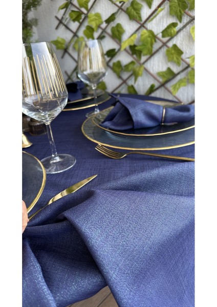 Keten Dokulu Simli Lacivert Yuvarlak Masa Örtüsü (Peçete Dahil Değil ) fiyatları