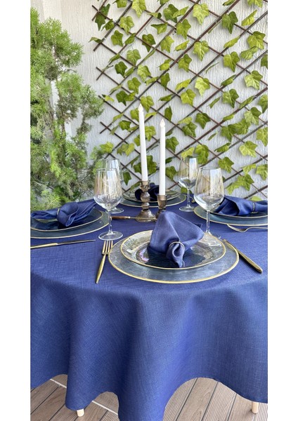 Keten Dokulu Simli Lacivert Yuvarlak Masa Örtüsü (Peçete Dahil Değil ) modelleri