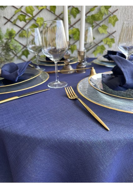 Keten Dokulu Simli Lacivert Yuvarlak Masa Örtüsü (Peçete Dahil Değil ) fırsatları