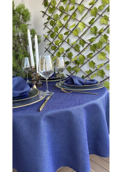 Keten Dokulu Simli Lacivert Yuvarlak Masa Örtüsü (Peçete Dahil Değil ) indirimleri