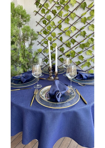 Keten Dokulu Simli Lacivert Yuvarlak Masa Örtüsü (Peçete Dahil Değil )