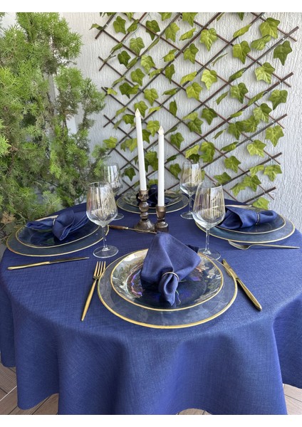 Keten Dokulu Simli Lacivert Yuvarlak Masa Örtüsü (Peçete Dahil Değil )