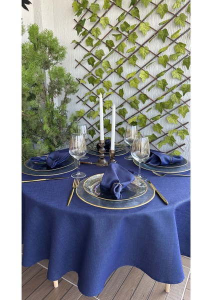 Keten Dokulu Simli Lacivert Yuvarlak Masa Örtüsü (Peçete Dahil Değil )