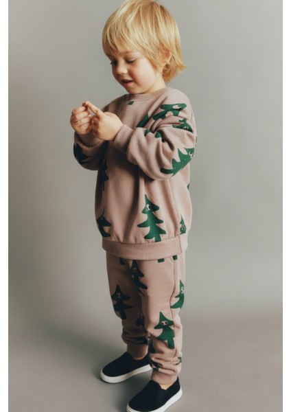 Unisex Çocuk Pamuklu Bej Ağaç Desenli Sweatshirt ve Eşofman Takım – Rahat Kalıp