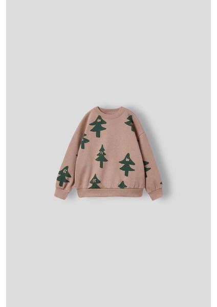 Unisex Çocuk Pamuklu Bej Ağaç Desenli Sweatshirt ve Eşofman Takım – Rahat Kalıp modelleri