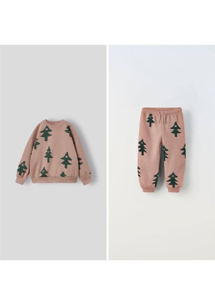 Unisex Çocuk Pamuklu Bej Ağaç Desenli Sweatshirt ve Eşofman Takım – Rahat Kalıp fırsatları