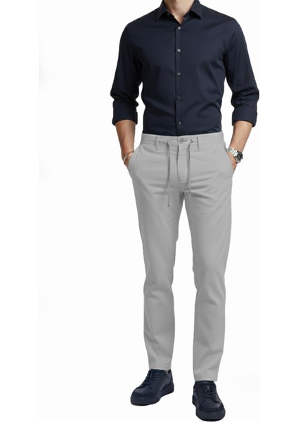 Erkek Gri Esnek Kumaş Slim Fit Beli Lastikli Günlük Spor Pantolon 2601070