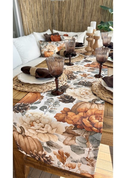 Bal Kabağı ve Çiçek Desenli Kahverengi & Kiremit Runner (Peçetesiz)