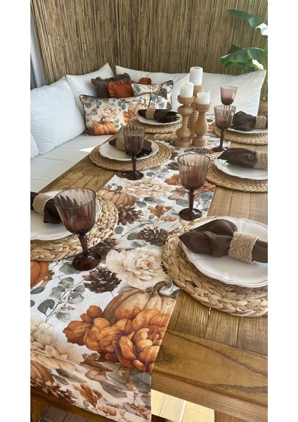 Bal Kabağı ve Çiçek Desenli Kahverengi & Kiremit Runner (Peçetesiz) fiyatları