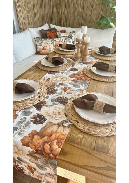 Bal Kabağı ve Çiçek Desenli Kahverengi & Kiremit Runner (Peçetesiz) modelleri
