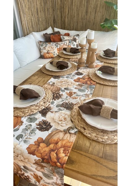 Bal Kabağı ve Çiçek Desenli Kahverengi & Kiremit Runner (Peçetesiz) fırsatları