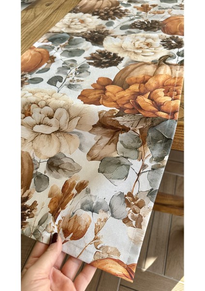 Bal Kabağı ve Çiçek Desenli Kahverengi & Kiremit Runner (Peçetesiz) indirimleri