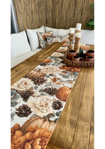 Bal Kabağı ve Çiçek Desenli Kahverengi & Kiremit Runner (Peçetesiz)