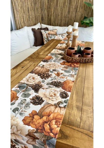 Bal Kabağı ve Çiçek Desenli Kahverengi & Kiremit Runner (Peçetesiz)
