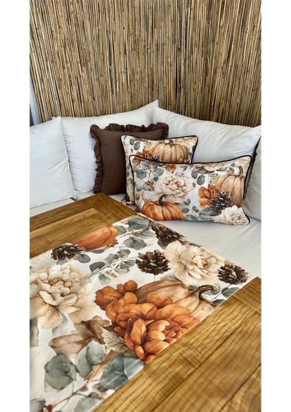 Bal Kabağı ve Çiçek Desenli Kahverengi & Kiremit Runner (Peçetesiz)