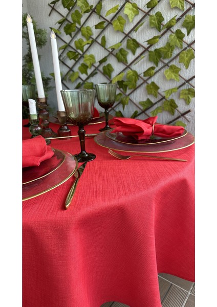 Keten Dokulu Simli Kırmızı Yuvarlak Masa Örtüsü(Peçete Dahil Değil )