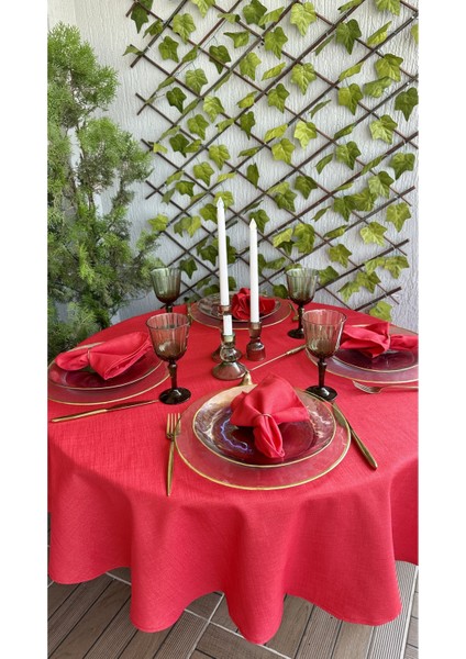 Keten Dokulu Simli Kırmızı Yuvarlak Masa Örtüsü(Peçete Dahil Değil ) fırsatları