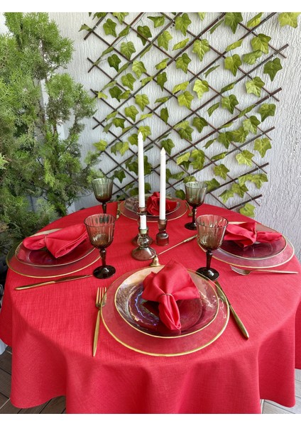 Keten Dokulu Simli Kırmızı Yuvarlak Masa Örtüsü(Peçete Dahil Değil ) indirimleri