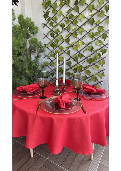 Keten Dokulu Simli Kırmızı Yuvarlak Masa Örtüsü(Peçete Dahil Değil )