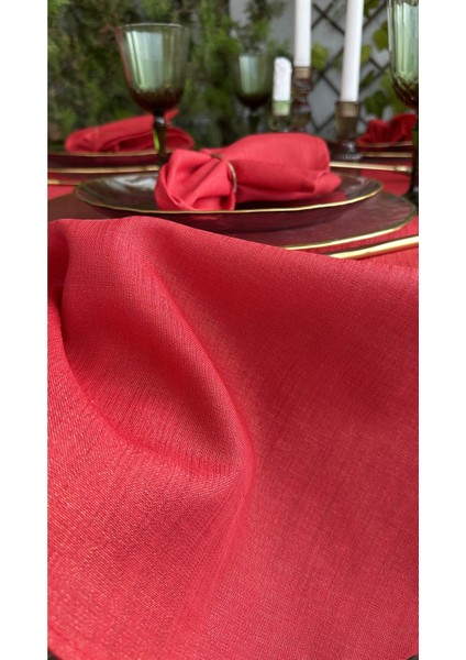 Keten Dokulu Simli Kırmızı Yuvarlak Masa Örtüsü(Peçete Dahil Değil )