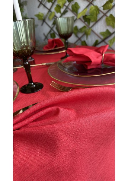 Keten Dokulu Simli Kırmızı Yuvarlak Masa Örtüsü(Peçete Dahil Değil )
