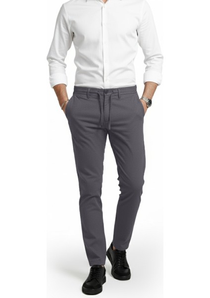 Erkek Füme Likralı Gofre Kumaş Beli Lastikli Ipli Slim Fit Günlük Pantolon 2600650