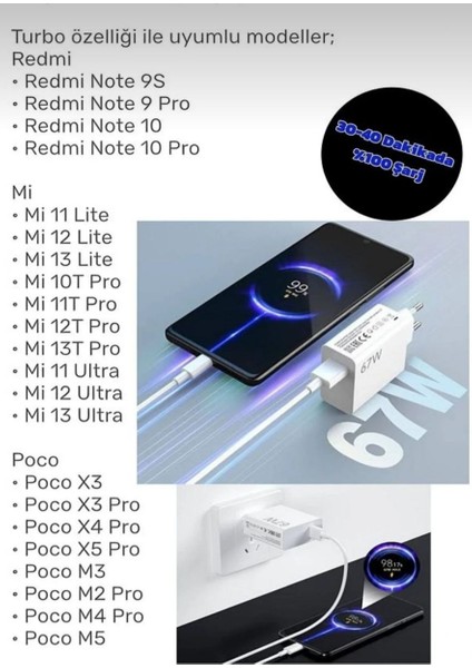 Xiaomi Redmi Note 12 Pro 5g Uyumlu 67 Watt Hızlı Şarj Adaptörü modelleri