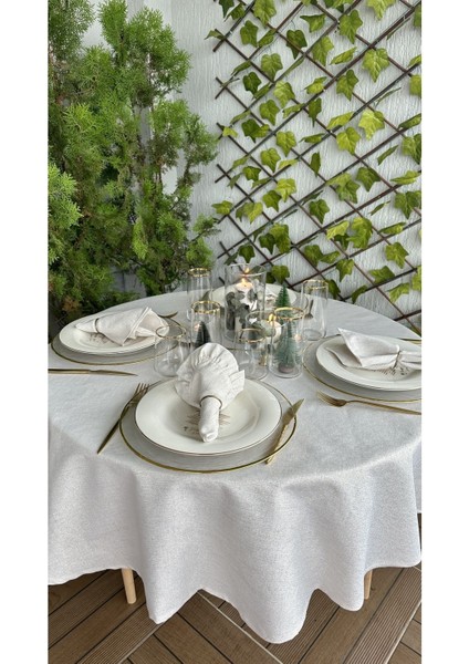 Keten Dokulu Gold Simli Ekru Yuvarlak Masa Örtüsü (Peçete Dahil Değil )