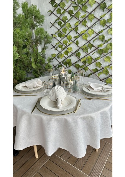 Keten Dokulu Gold Simli Ekru Yuvarlak Masa Örtüsü (Peçete Dahil Değil ) fiyatları