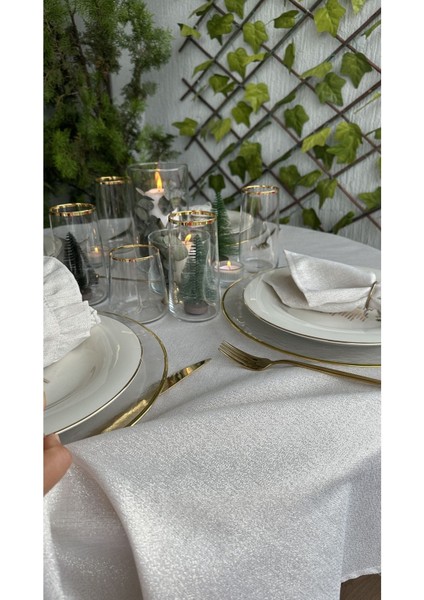 Keten Dokulu Gold Simli Ekru Yuvarlak Masa Örtüsü (Peçete Dahil Değil ) modelleri