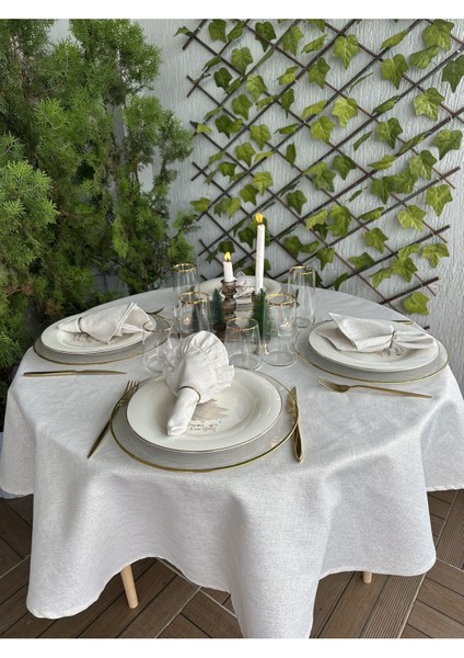 Keten Dokulu Gold Simli Ekru Yuvarlak Masa Örtüsü (Peçete Dahil Değil ) fırsatları