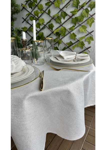 Keten Dokulu Gold Simli Ekru Yuvarlak Masa Örtüsü (Peçete Dahil Değil )