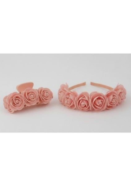 2'li Set Pembe Köpük Güllü Saç Bandı (Taç) ve Mandallı Toka Seti