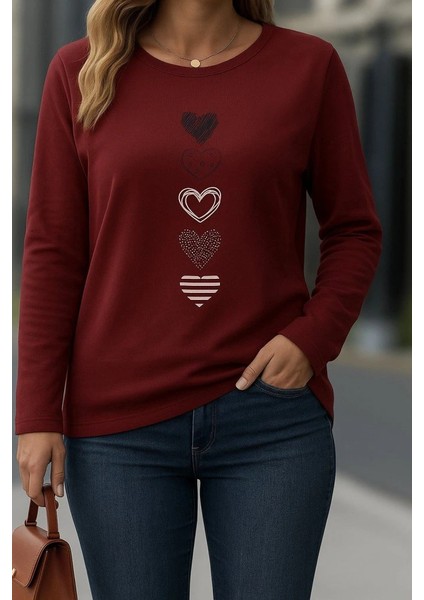 Kadın Uzun Kollu Bisiklet Yaka Desenli Viskon Bluz