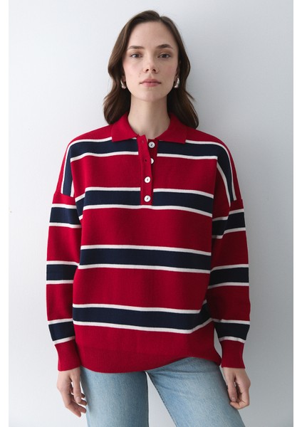 Kırmızı Lacivert Polo Yaka Şeritli Kazak - 251129 fırsatları