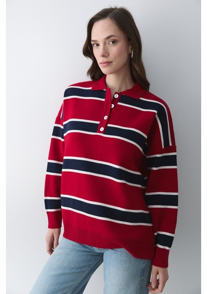 Kırmızı Lacivert Polo Yaka Şeritli Kazak - 251129 indirimleri