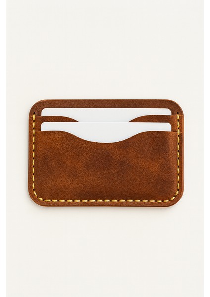 Kartlık Hakiki Deri Erkek Kadın Kahverengi El Yapımı 5 Gözlü Minimalist Cüzdan Ince Tasarım