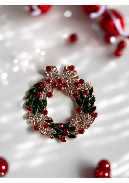 Yılbaşı Noel Çelenk Taşlı Broş Yaka Iğnesi