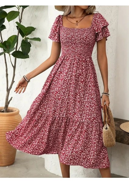 Kadın Kısa Kollu Gipe Detaylı Desenli Midi Süprem Elbise